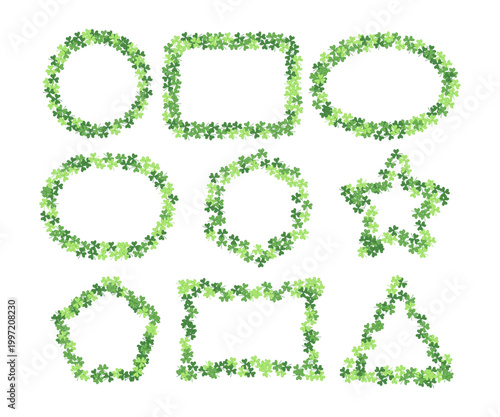 Set of clover frame border illustration collection. Leaf clover isolated on a white background. Green clover leaves on a background summer landscape with circle, rectangle, star, hex and oval shapes.