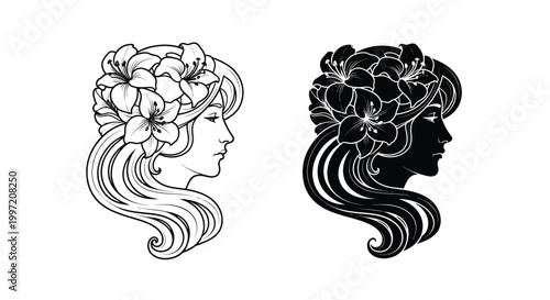 woman profile with floral crown in line art and silhouette styles