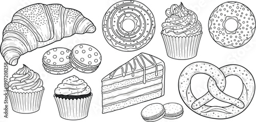 Hand drawn bakery desserts collection with croissant cupcakes donut macarons cake slice and pretzel detailed vintage sketch illustration set