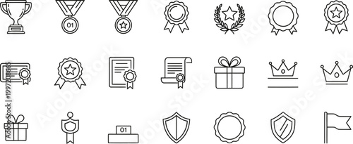 Awards line icon set. Reward, trophy, badge, medal and more