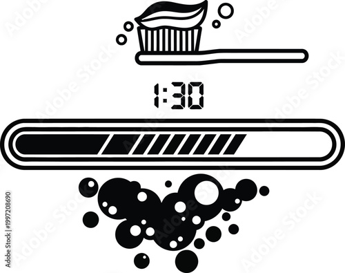 Toothbrush with toothpaste and progress bar, dental hygiene concept, 1:30 timer