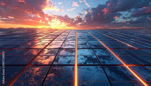 Futuristic landscape reflecting sunset. A grid of reflective squares with glowing lines extends toward a colorful sky. Mountains sit in the distant horizon