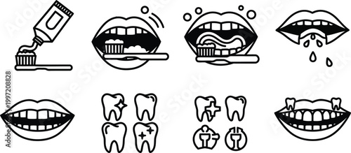 Dental Care Icons: Brushing Teeth, Healthy Smile, Tooth Repair
