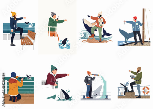 A collection of illustrations depicting people whale watching and studying marine life from boats and observation decks in the ocean.