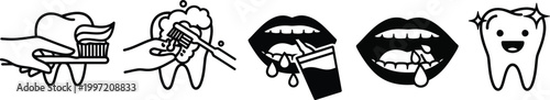 Dental Hygiene Icons: Brushing, Rinsing, and Healthy Tooth