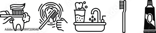 Dental Hygiene Icons: Brushing Teeth, Toothpaste, Sink, Toothbrush Set