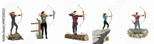 Tableau sur toile Diverse Collection of Flat Vector Illustrations Featuring Male and Female Archer