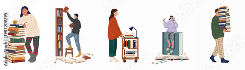 Foto Flat vector illustration set of diverse people reading, organizing, and carrying books, ideal for library, bookstore, and education-related themes