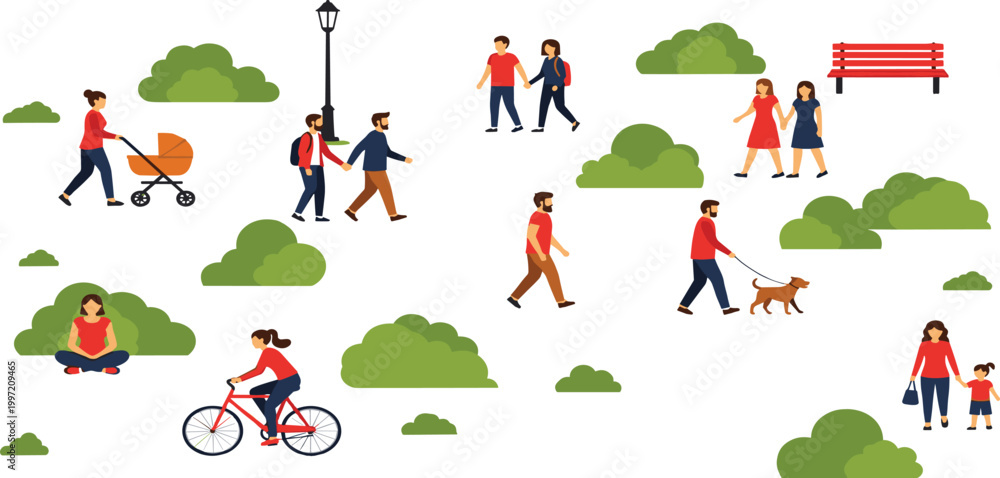 Obraz premium People walking cycling and relaxing in park outdoor activities leisure lifestyle nature scene with trees benches vector illustration