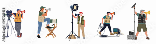 Fotografie Diverse Professional Film Crew Characters with Equipment and Megaphones in Flat Vector Illustration Style for Cinema and Movie Production Themes