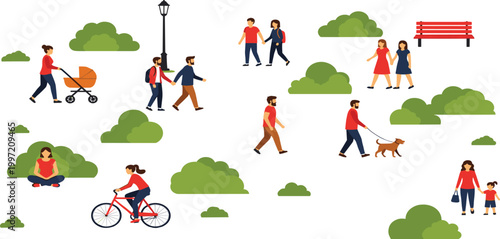 People walking cycling and relaxing in park outdoor activities leisure lifestyle nature scene with trees benches vector illustration