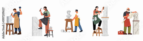 Schilderij op canvas Diverse group of sculptors and stone carvers creating marble statues and columns using traditional tools like hammers and chisels, isolated on white background