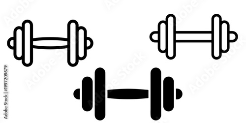 Barbell dumbbell icon set in outline and solid styles gym fitness weightlifting equipment symbol