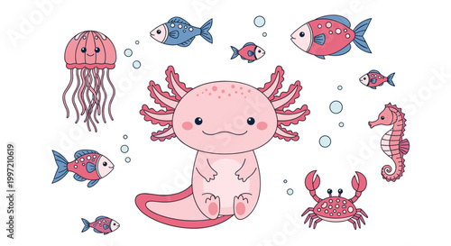 Pink Axolotl and sea creatures.