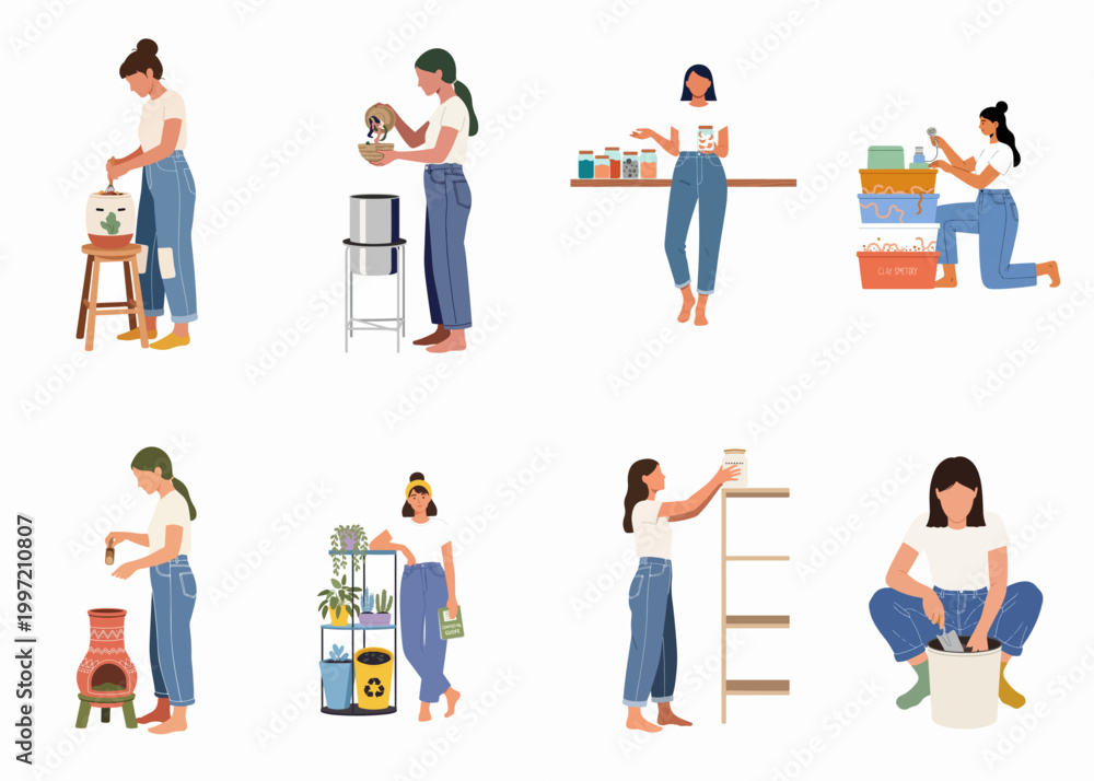 Fototapeta premium Flat vector illustration set of women practicing sustainable habits like composting, organic gardening, and zero-waste waste management at home.