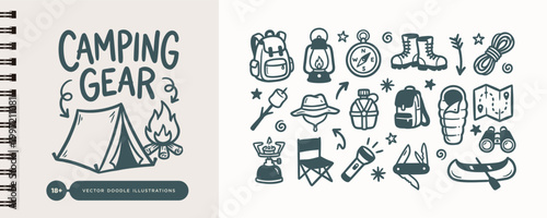 Hand Drawn Camping Gear and Outdoor Adventure Doodle Set