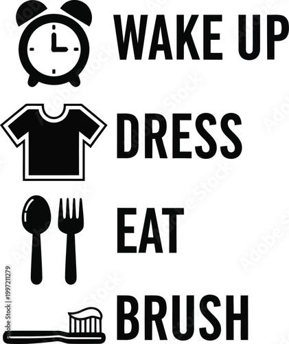 Daily Routine Icons: Wake Up, Dress, Eat, Brush Teeth - Morning Schedule