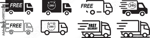Fast Delivery & Shipping Icon Set. Free shipping, express delivery, 24 hours, fast van. Truck symbol on white background .Fast Van & Truck Icon Collection.