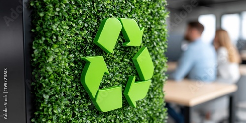 Green recycling symbol prominently displayed on a living wall in a modern office setting