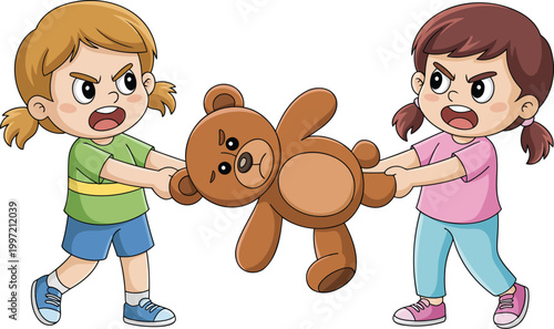 Aggressive girls fighting over teddy bear toy pulling stuffed animal with angry expressions and open mouths in kindergarten conflict scene.