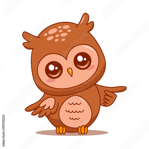 Cute owl pointer pointing with wing cartoon character vector isolated on white.