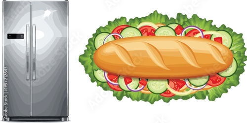 Modern refrigerator and fresh sandwich illustration set, kitchen appliance and healthy food vector collection design