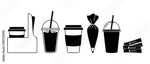 Coffee shop icons set, disposable cup and pastry bag vector illustration. Collection of beverage containers, iced drink, hot coffee cup, piping bag and sugar packets for cafe menu design and branding.
