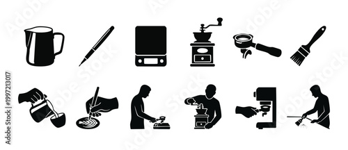 Barista Coffee Making Icons Set: Espresso Preparation Tools and Brewing Process Silhouettes for Professional Coffee Shops, Cafes, and Manual Coffee Brewing Manuals or Infographic Design Elements.