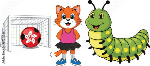 Cartoon cat girl, soccer goal with ball and cute caterpillar illustration set, kids sports and nature themed vector collection design