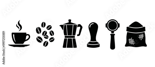 Coffee Shop Icons Set with Espresso Tools and Beans, Minimalist Black Silhouette Collection for Cafe Menu Design, Barista Equipment Graphics Isolated on White Background for Restaurant Branding Elemen
