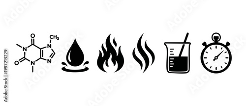 Caffeine Molecule Chemistry Process Icons, Science Chemical Structure and Brewing Preparation Steps, Laboratory Equipment and Heat Symbols for Coffee Production, Vector Infographic Elements Set