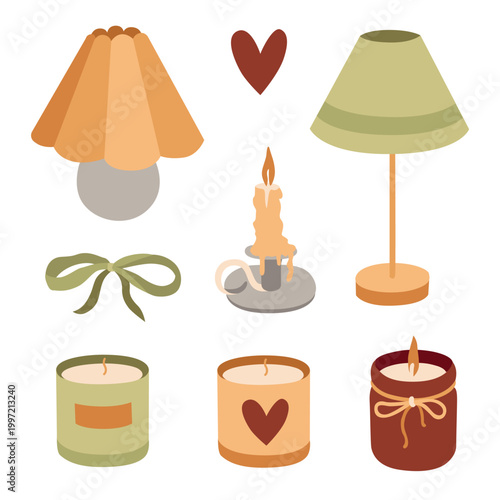 Hand-drawn autumn cozy seasonal interior decor illustrations, candles, table lamps, bow for packaging and fall vibes cozy projects