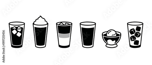 Coffee and Drinks Icon Set, Black and White Vector Illustration for Cafe Menu Design, Featuring Iced Beverages, Layered Latte, Whipped Cream Topping, and Affogato Dessert Elements on White Background