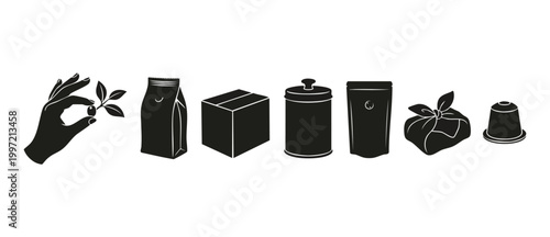 Coffee packaging icons set with hand holding coffee bean, flat vector illustration. Collection of black silhouettes including coffee bags, shipping box, storage canister, pouch, fabric wrap and capsul