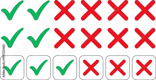 Green check marks and red crosses isolated on transparent background. Set of correct, incorrect, true, false, yes, no, approval, rejection, choice, and vote symbols for UI design.