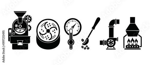 Coffee Roasting Machine Icons Set, Industrial Equipment for Professional Coffee Bean Processing, Temperature Gauge, Cooling Tray, Burner and Sampler Spoon in Minimalist Flat Vector Style for Business