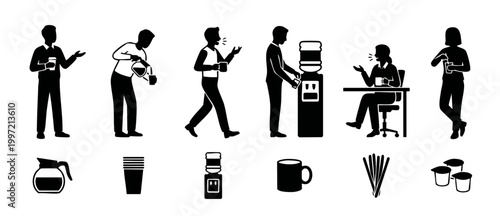 Office Coffee Break Silhouette Icons Set - People Drinking Coffee at Work, Water Cooler, Pouring Coffee, Coworkers Talking, Business Team Socializing, Employee Morning Routine, Flat Vector Illustratio