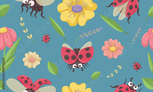 фотографія Seamless botanical pattern with ladybirds on a dusky blue background