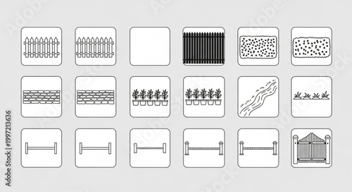 Collection of fence design icons and symbols.
