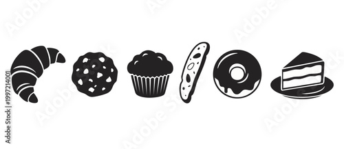 Bakery icons set, croissant cookie muffin biscotti donut and cake slice black silhouette vector collection for cafe menu design, pastry food flat graphic illustration isolated on white background.