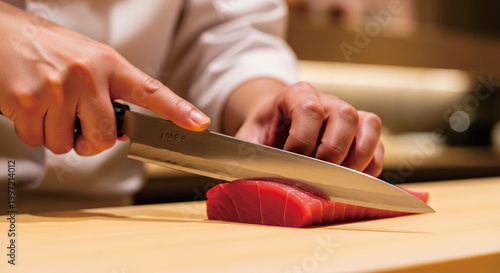 Professional chef slicing fresh raw tuna for sashimi