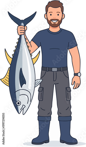 Smiling fisherman holding a large tuna on white background