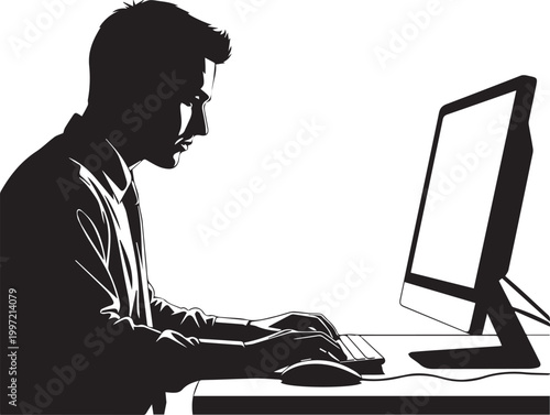 Businessman working on computer silhouette vector illustration