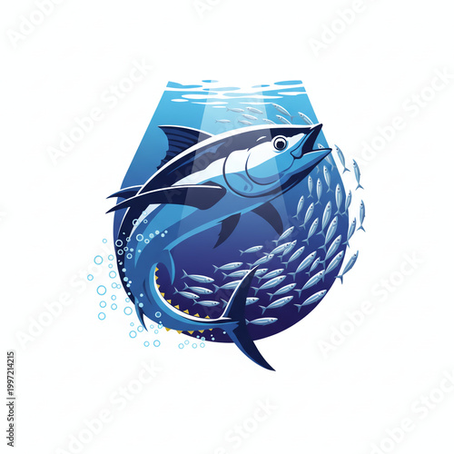 Bluefin tuna swimming among school of baitfish in ocean