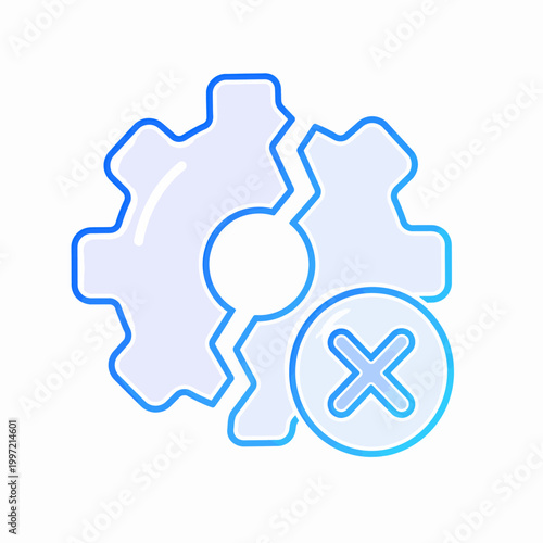 Broken gear with cross icon, symbolizing mechanical failure, error, or incorrect settings on a white background