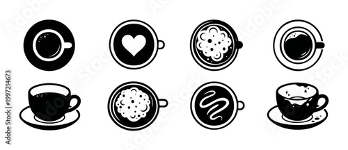 Coffee Cup Icon Set, Black and White Vector Symbols for Cafe Menu Design and Beverage Branding, Various Espresso Drinks and Latte Art Illustrations isolated on a clean white background for web graphic