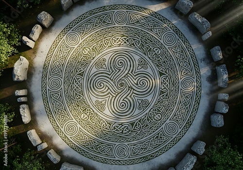 Ancient Circular Stone Carving with Intricate Spiral Patterns.