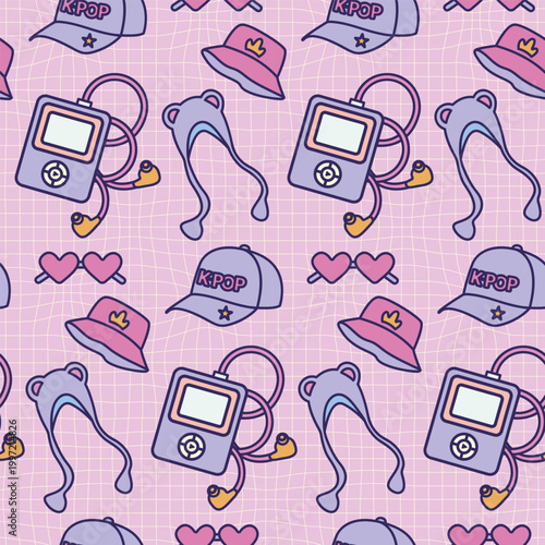 K-Pop seamless vector pattern with hand-drawn music icons. Trendy Y2K aesthetic background in pastel pink and purple for fandom merchandise and textile design