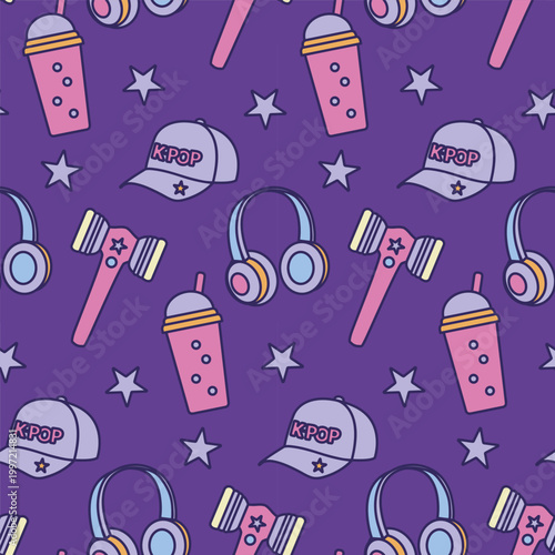 K-Pop seamless pattern with music icons. Trendy Y2K aesthetic background with lightsticks, headphones, and stars for fandom merchandise and textile design