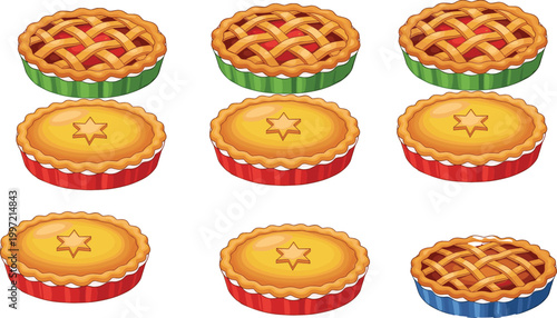 Assorted pies illustration set with lattice crust and star top pastries, bakery dessert collection for food vector design